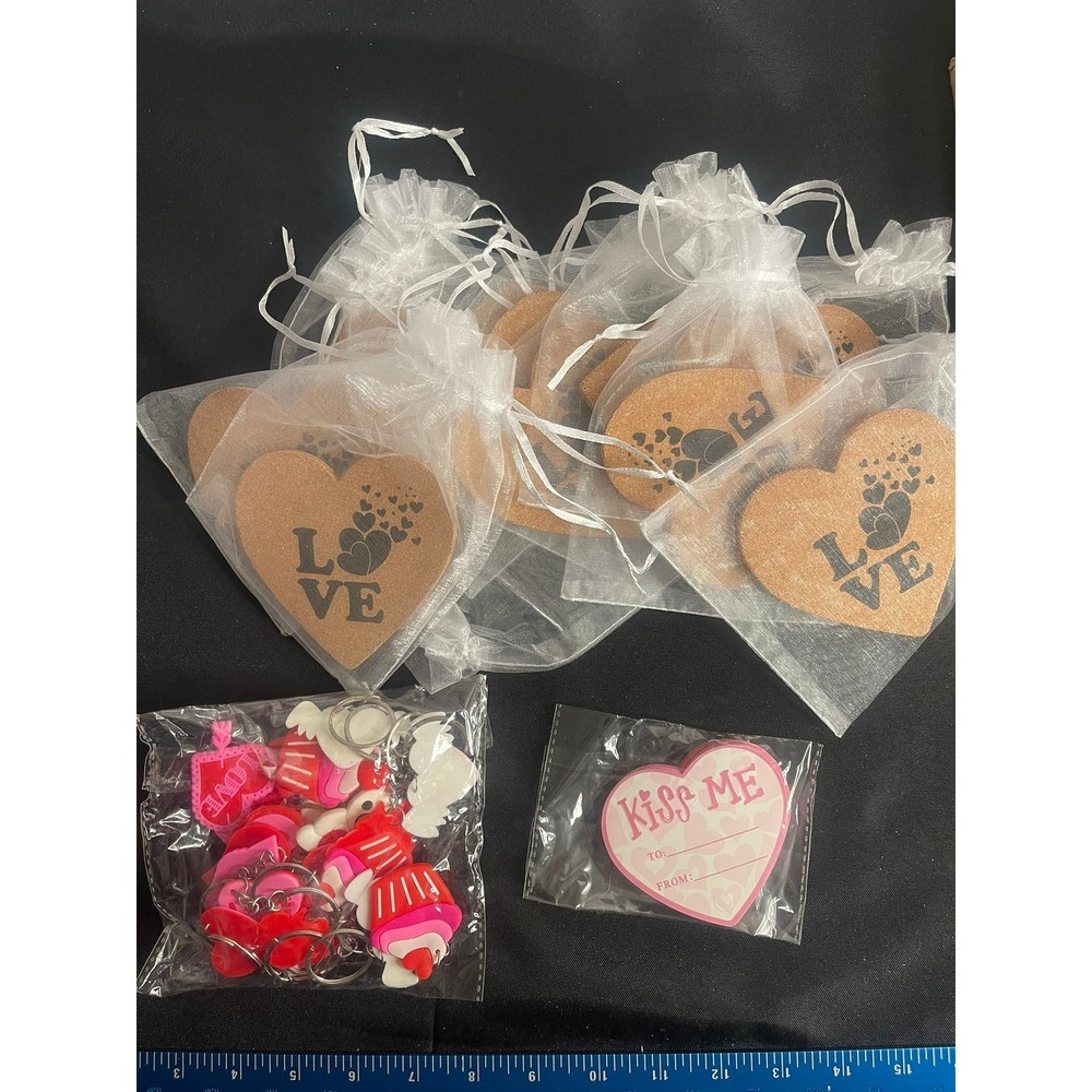 Valentines Day Party Favor Bundle Heart Cork‎ Coasters Keychains and Gift Tags